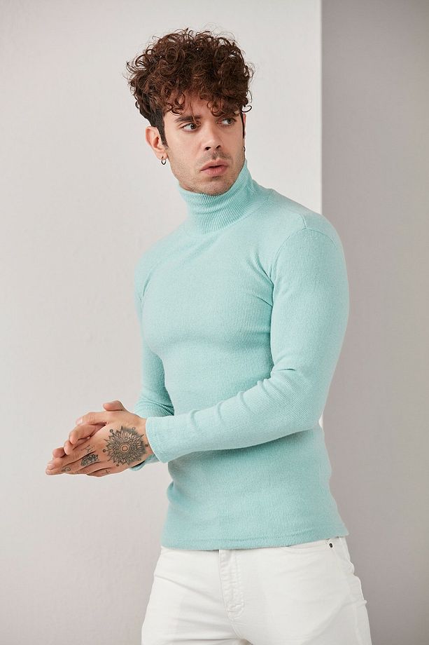 Erkek Bebe Mavisi Boğazlı Triko Lycra Kazak - 5