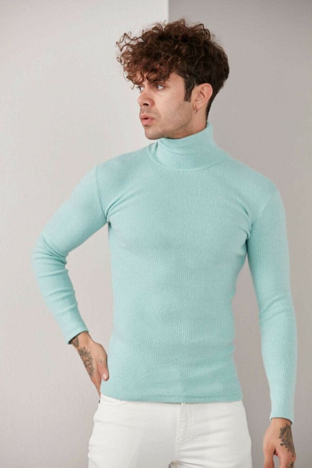 Erkek Bebe Mavisi Boğazlı Triko Lycra Kazak - 3