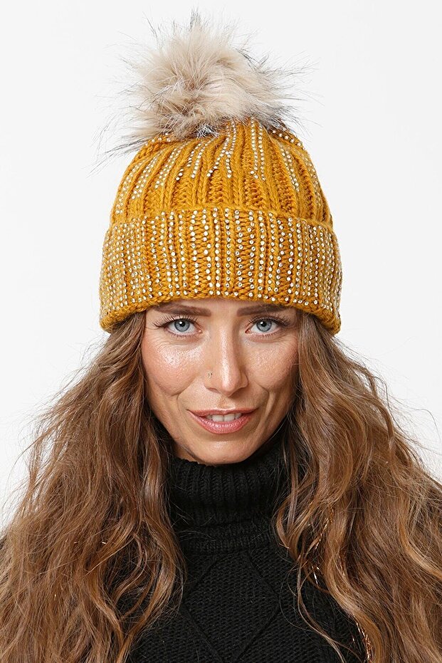 Stoned Folded Braided Beanie with Pompom Women's Winter Colorful Knitted Hat