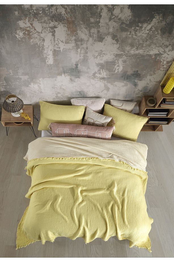 Sarı Tek Kişilik 160 X 240cm Yatak Örtüsü/1 Adet 50x70cm Yastık 4 Katlı Multi Muslin %100 Pamuk - 3