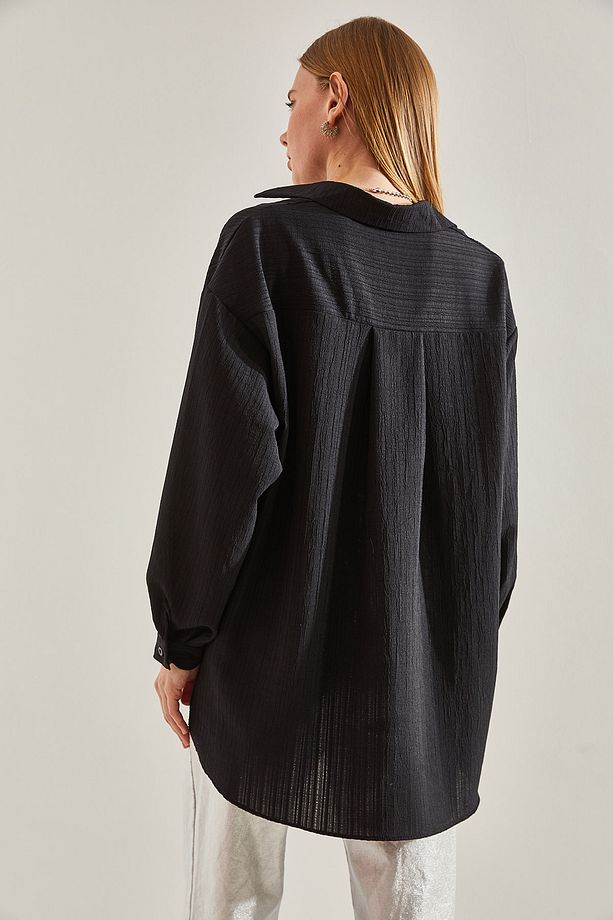Kadın Bella Kumaş Tek Cepli Oversize Gömlek - 6