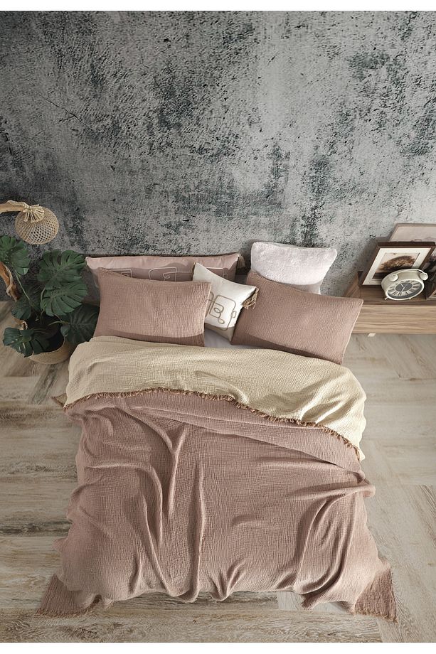 Kahve Tek Kişilik 160 X 240cm Yatak Örtüsü/1 Adet 50x70cm Yastık 4 Katlı Multi Muslin %100 Pamuk - 3