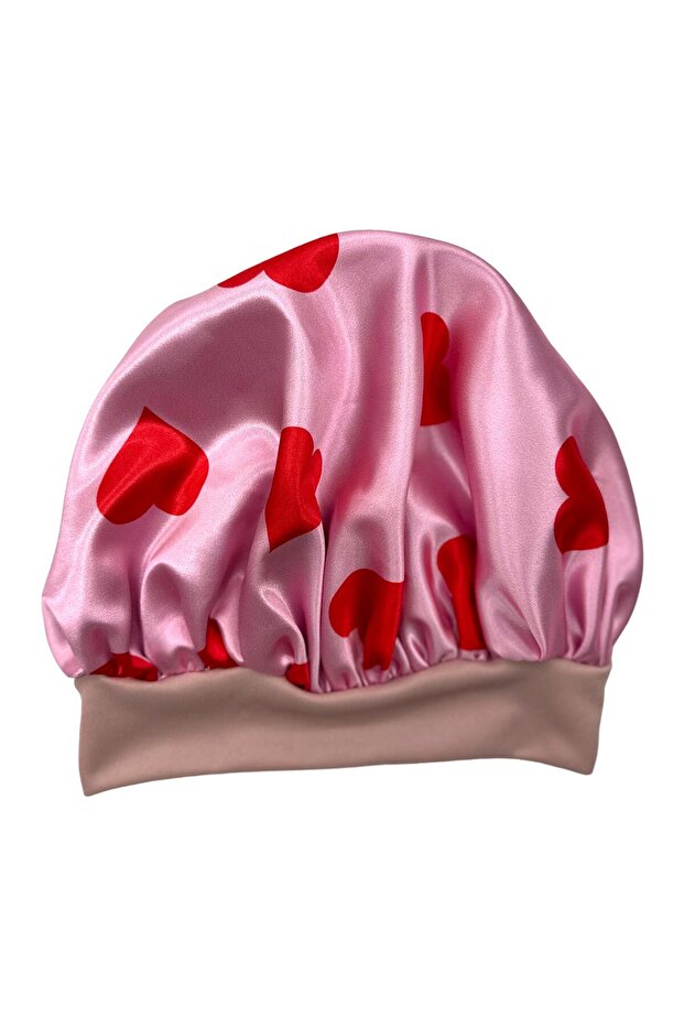 Pink Red Heart Patterned Satin Bonnet for Curly Hair