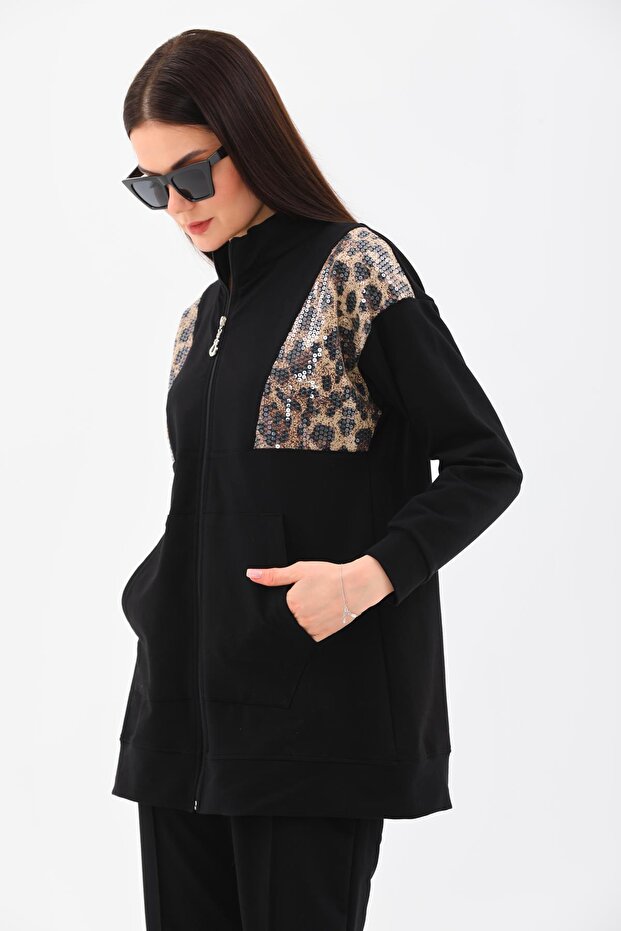 Women's Leopard Sequin Sequined Daily 2-Piece Sports Set Black
