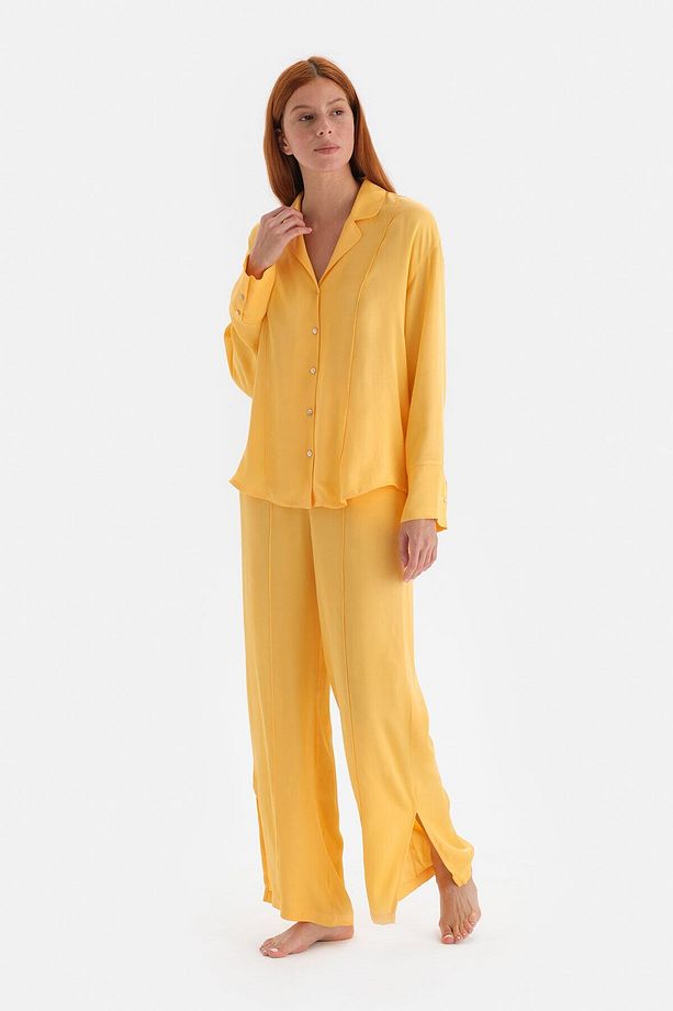 Sarı Uzun Paça Nervürlü Saten Pijama Altı - 1