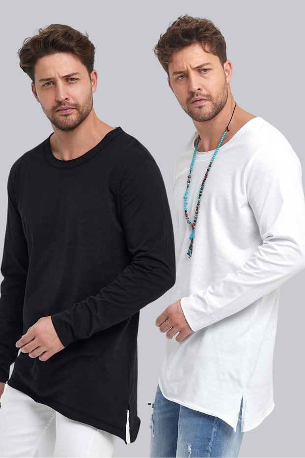 Advantageous Pack of 2 Long Sleeve Asymmetrical and Dirty Cut Detailed Wide Collar Comfortable Cut T-Shirt