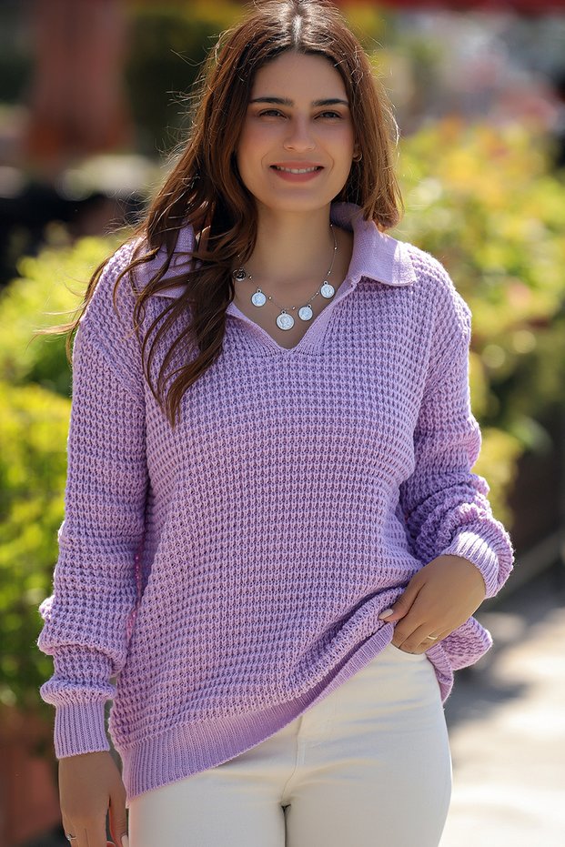 Women's Polo Collar Selanik Brioche Knit Long Sleeve Relaxed Fit Winter Thick Knit Sweater