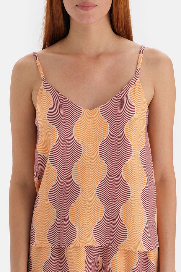 Sarı Simli Saten Atlet Pijama Üstü - 4