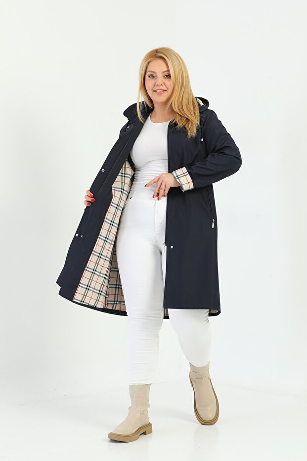 Water Resistant, Plus Size Trench Coat, Hooded Trench Coat, Bonded Fabric Plaid Trench Coat, Navy Blue
