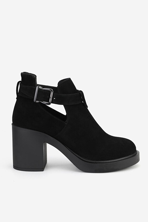 WOMEN'S BLACK SUEDE GENUINE NATURAL LEATHER 36-41 NUMBER HEELED STRAP BOOTS & BOOTIES