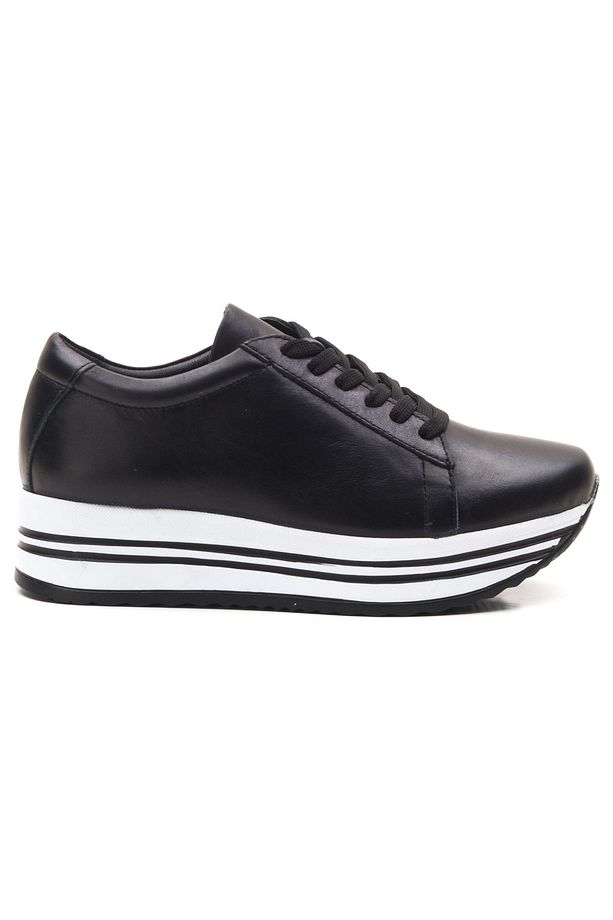 Siyah Hakiki Deri Kadın Sneaker Yüksek Taban Sneaker Ayakkabı Kadın Sneaker Platform Spor Ayakkabı - 3