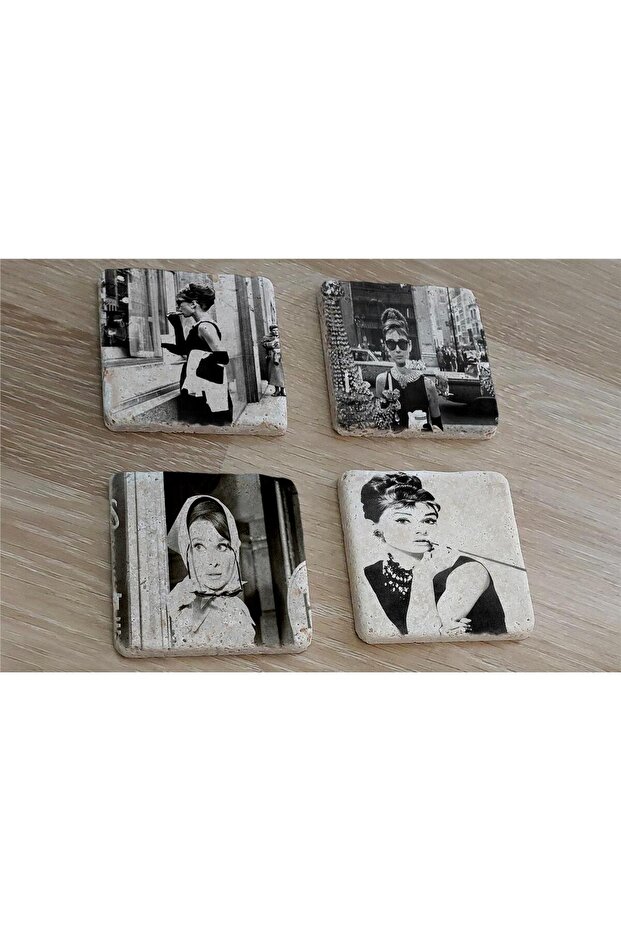 Black and White Audrey Hepburn Photos Natural Stone Coasters Set of 4 - Natural Stone Coasters