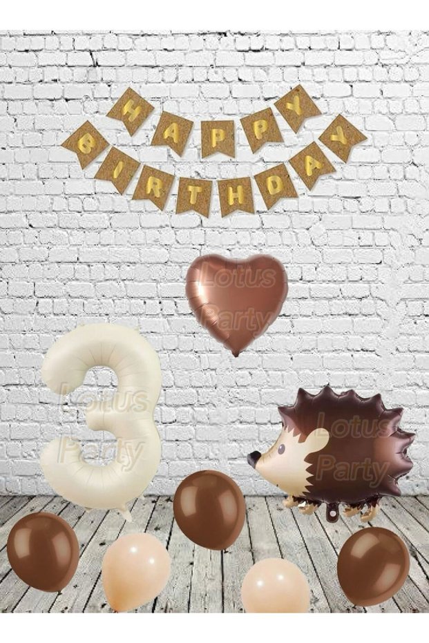3 Years Old Retro Hedgehog Themed Birthday Set - Brown Heart Gold Happy Text Cream Number Foil Balloon