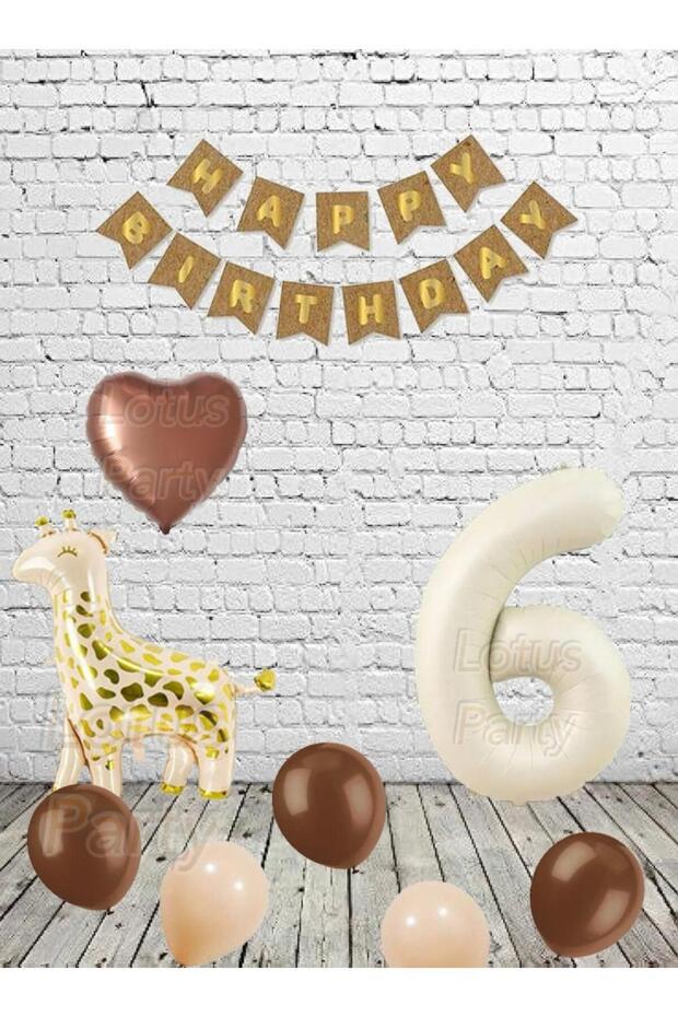 6 Year Old Retro Giraffe Themed Birthday Set Brown Heart Gold Happy Text Cream Number Foil Balloon