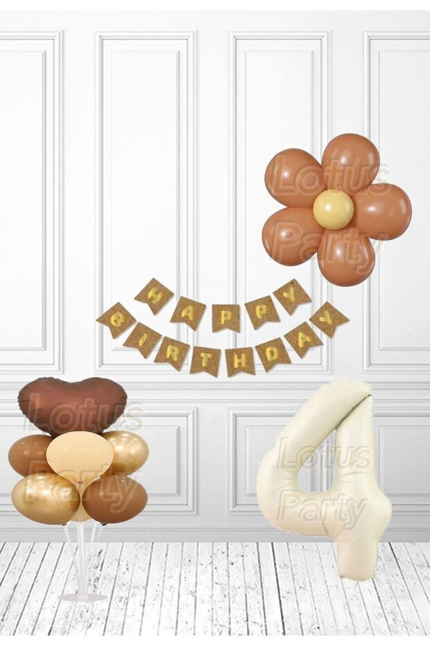 4 Year Old Retro Daisy Birthday Set - Brown Heart - 7-Piece Balloon Stand - Cream Figure Foil Balloon