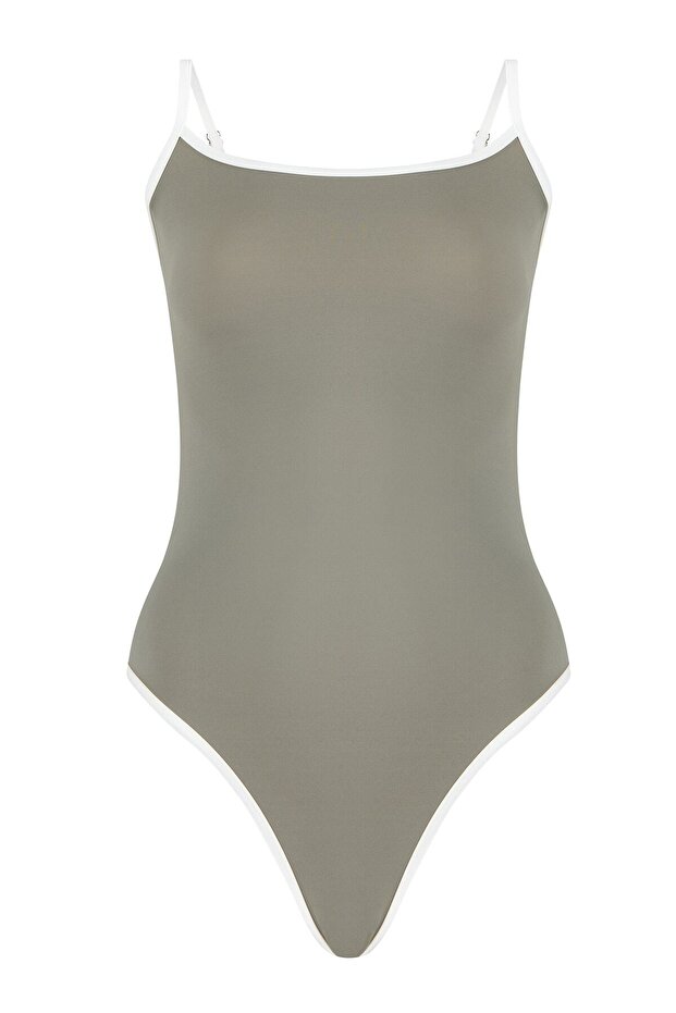 Piping Round Neck Khaki Swimsuit