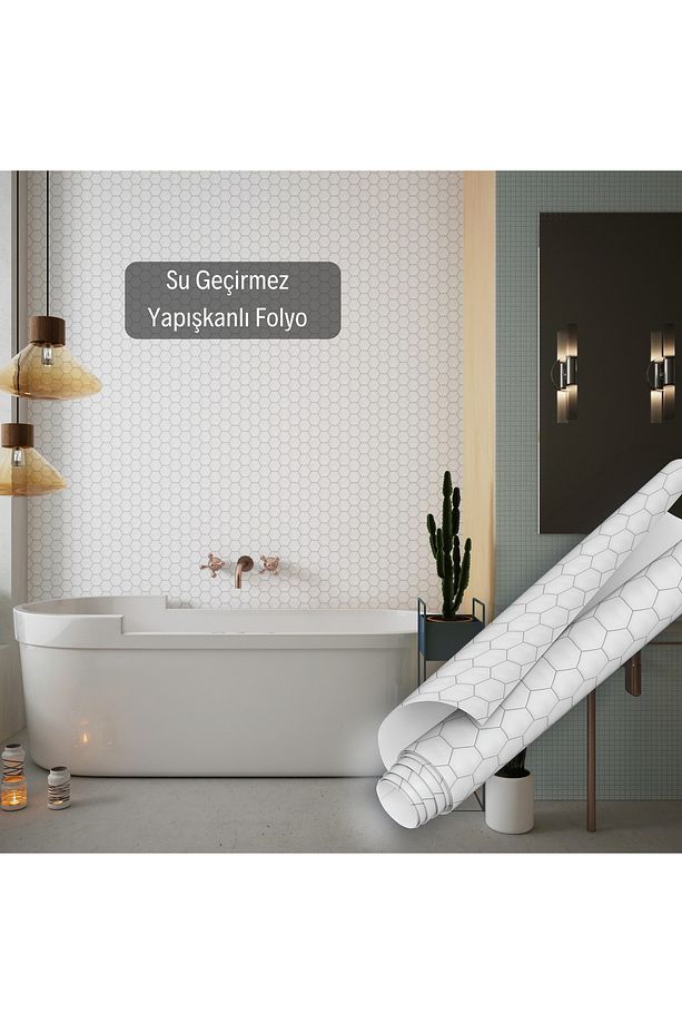 Beyaz Altıgen Desenli Yapışkanlı Folyo, Fayans Görünümlü Mutfa, Banyo Mobilya Kaplama 45x500cm 0345 - 4