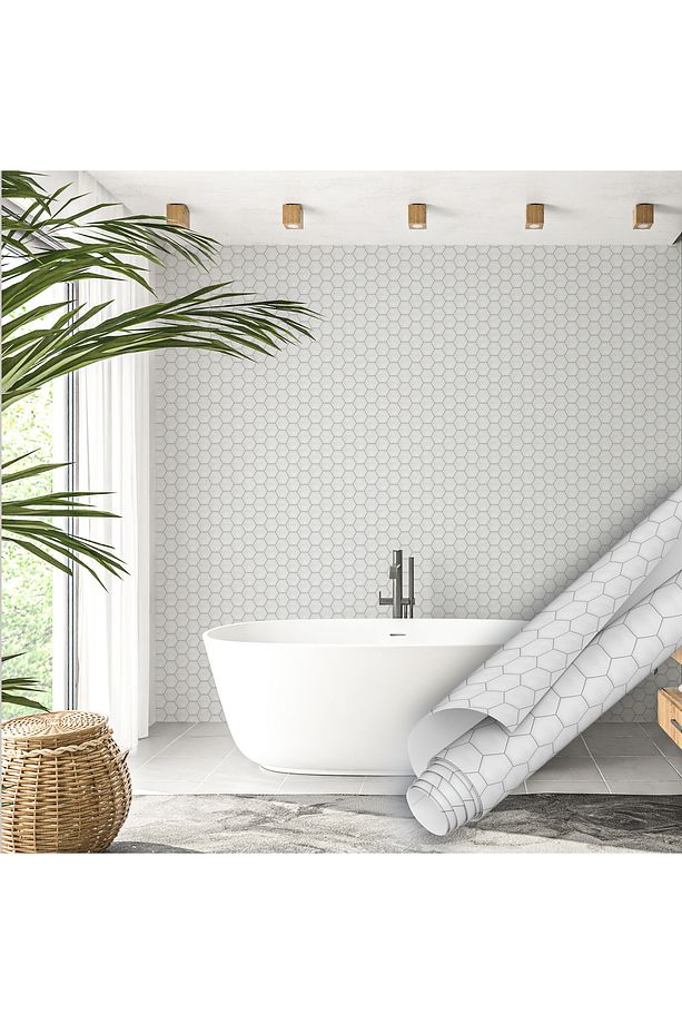 Beyaz Altıgen Desenli Yapışkanlı Folyo, Fayans Görünümlü Mutfa, Banyo Mobilya Kaplama 45x500cm 0345 - 7