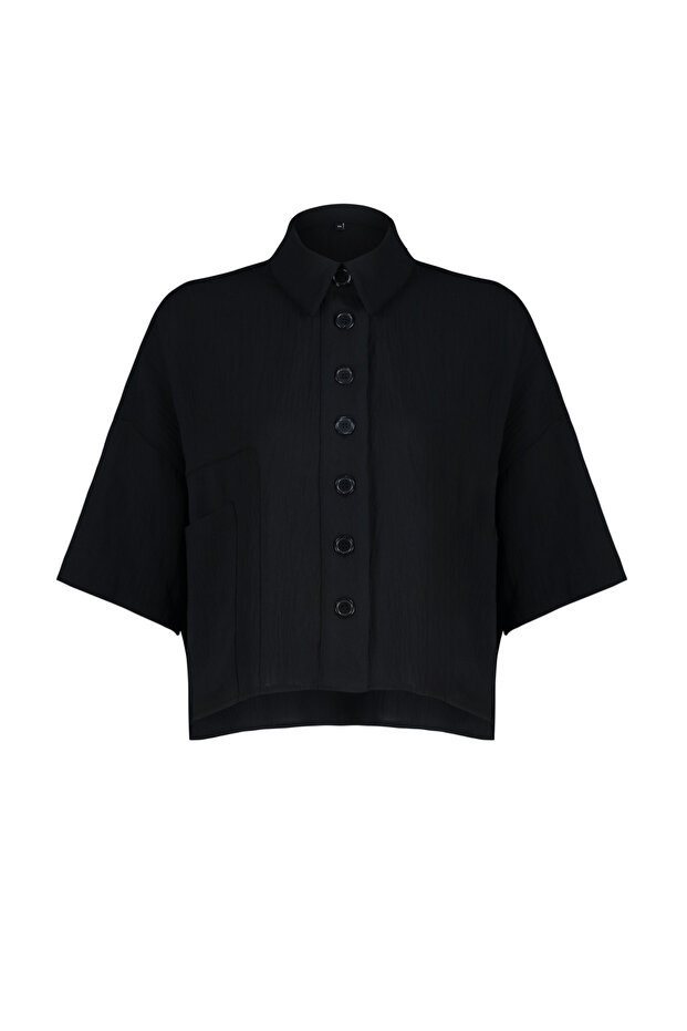 Siyah Oversize Geniş Kalıp Fakir Kol Dokuma Gömlek TWOSS20GO0381 - 7
