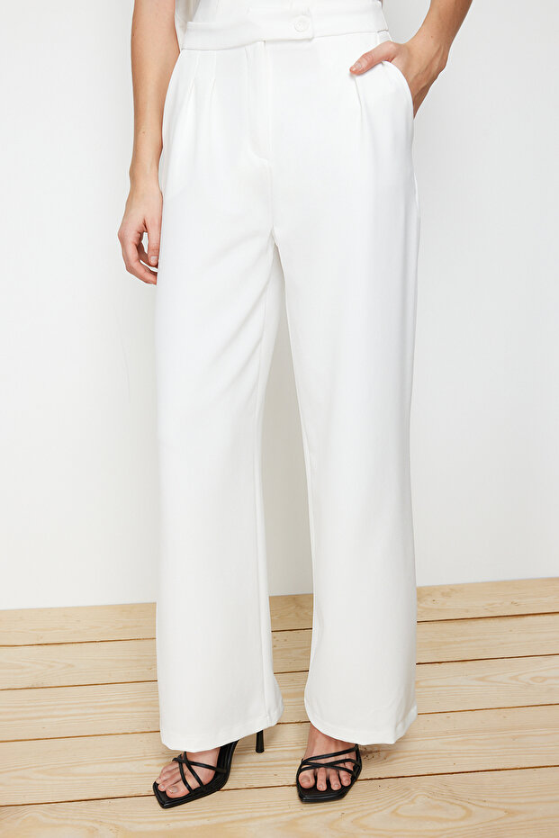 Ekru Wide Leg/Geniş Paça Yüksek Bel Dokuma Kumaş Pantolon TWOAW22PL0066 - 6