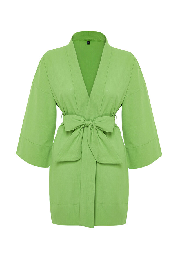 Yeşil Dokuma Plaj Mini Kuşaklı Kimono&Kaftan TBESS23KM00080 - 7