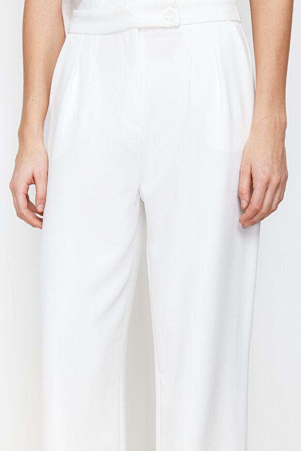 Ekru Wide Leg/Geniş Paça Yüksek Bel Dokuma Kumaş Pantolon TWOAW22PL0066 - 4