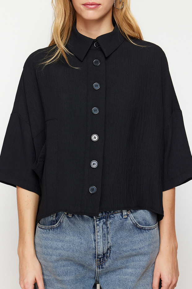 Siyah Oversize Geniş Kalıp Fakir Kol Dokuma Gömlek TWOSS20GO0381 - 3