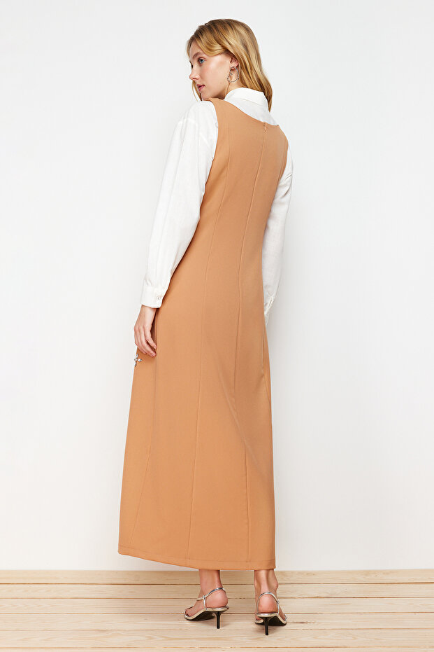 Camel Taş İşleme Detaylı Kare Yaka Dokuma Jile Elbise TCTSS23EB00157 - 7