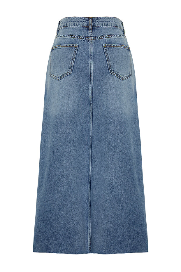 Mavi Volanlı Dikiş Detaylı Yüksek Bel Maxi Denim Etek TWOSS24ET00012 - 14