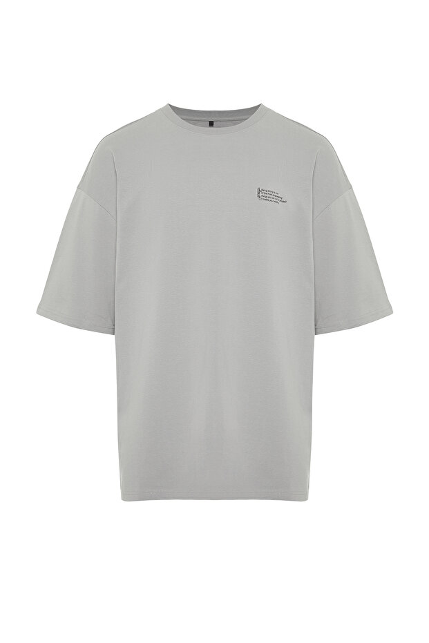 Gri Oversize %100 Pamuklu Bisiklet Yaka Minimal Yazı Baskılı T-Shirt TMNSS23TS00084 - 6