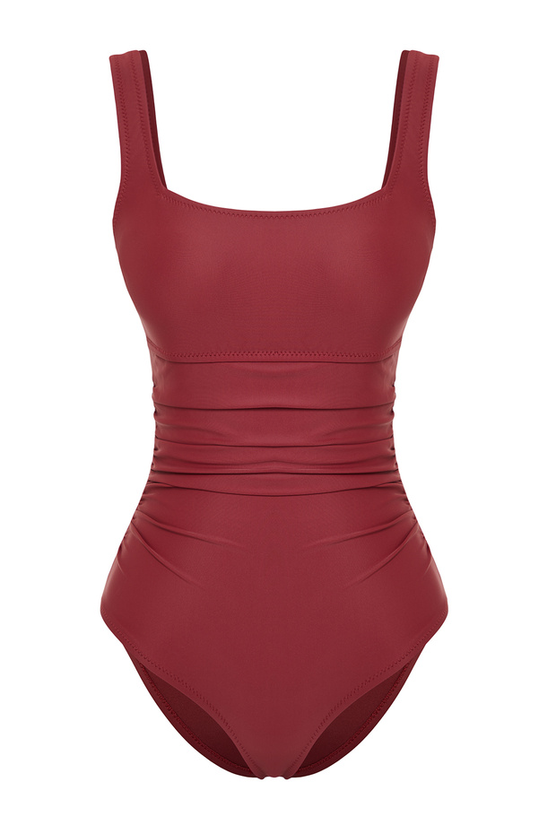 Bordo Toparlayıcı Kare Yaka Kaplı Hipster Mayo TBESS24MA00102 - 6