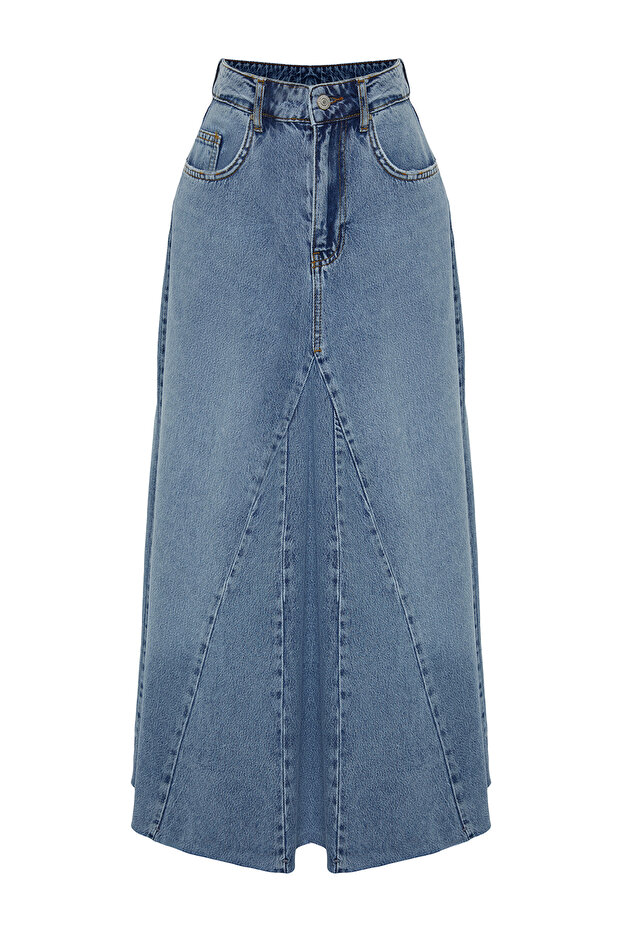 Mavi Volanlı Dikiş Detaylı Yüksek Bel Maxi Denim Etek TWOSS24ET00012 - 13