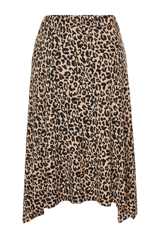 Brown Leopard Print Asymmetrical Knitted Large Size Skirt Tbbss22Et0253 - 8