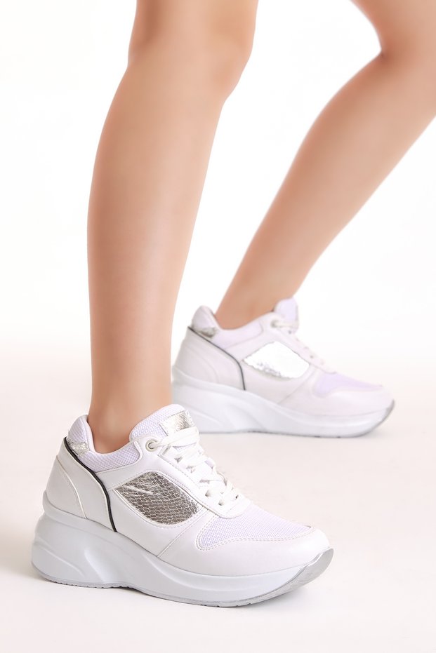 Women's White High-Sole Lace-Up Sports Shoes