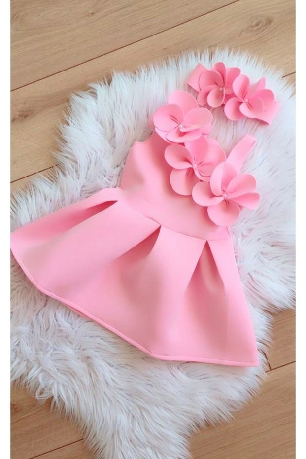 Girls Pink Color Orchid Dress and Bandana Set