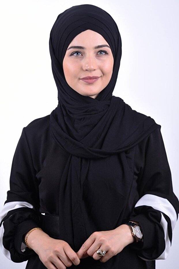 شال جاهز من القطن الممشط بثلاثة خطوط أسود