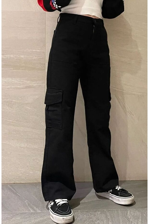 Cargo Pocket Black Palazzo High Waist Jeans Pants Stretchy Gathers