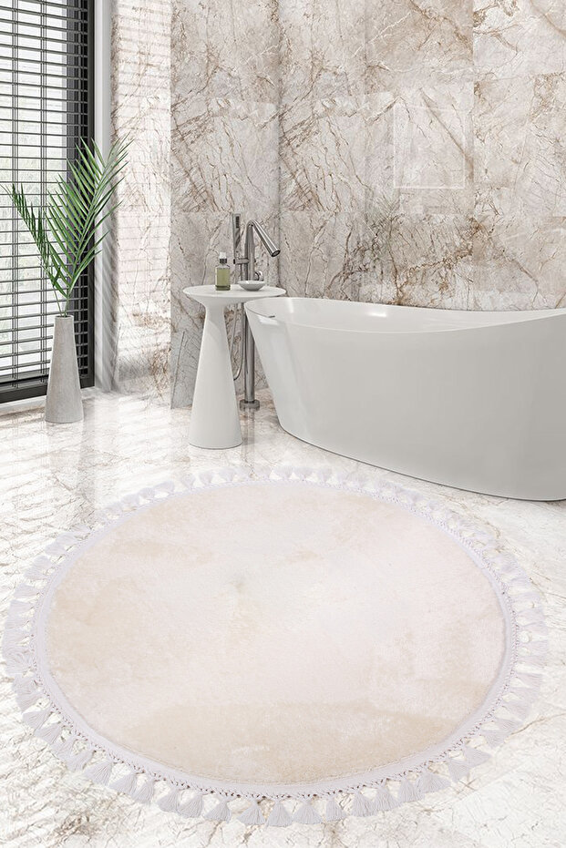 Relax Cream Round 120x120 Cm Pompom Fringed Non-Slip Base Machine Washable Bath Mat