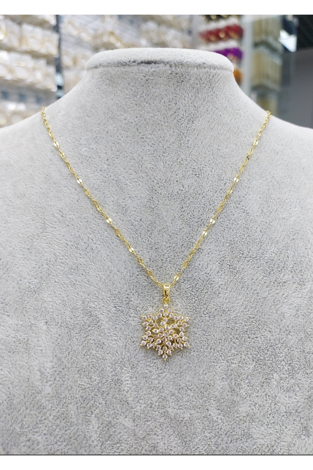 Steel Gold Stone Snowflake Necklace (Turning Middle Stone Area)