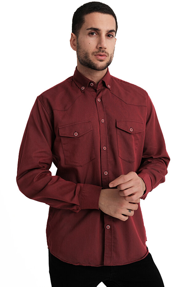 Men's Dark Red Double Pocket Lycra Lewis Model Gabardine Fabric Denim Shirt