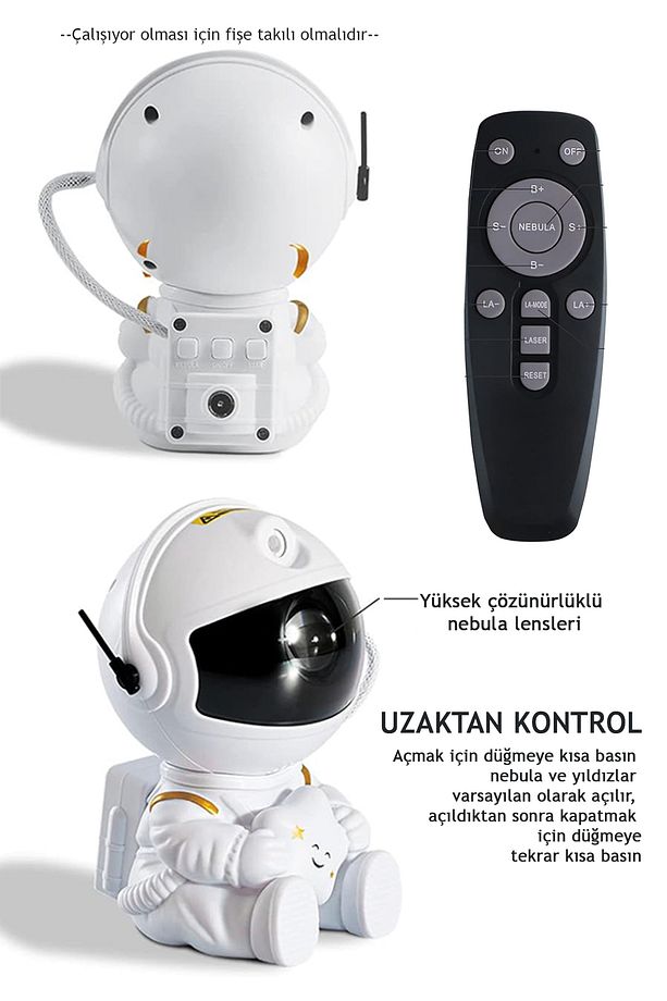 Astronot Bulutsüsü Ay Tavan Gökyüzü Projektör 3d Gece Lambası Kumandalı Çocuk Oda Balkon Kamp - 5