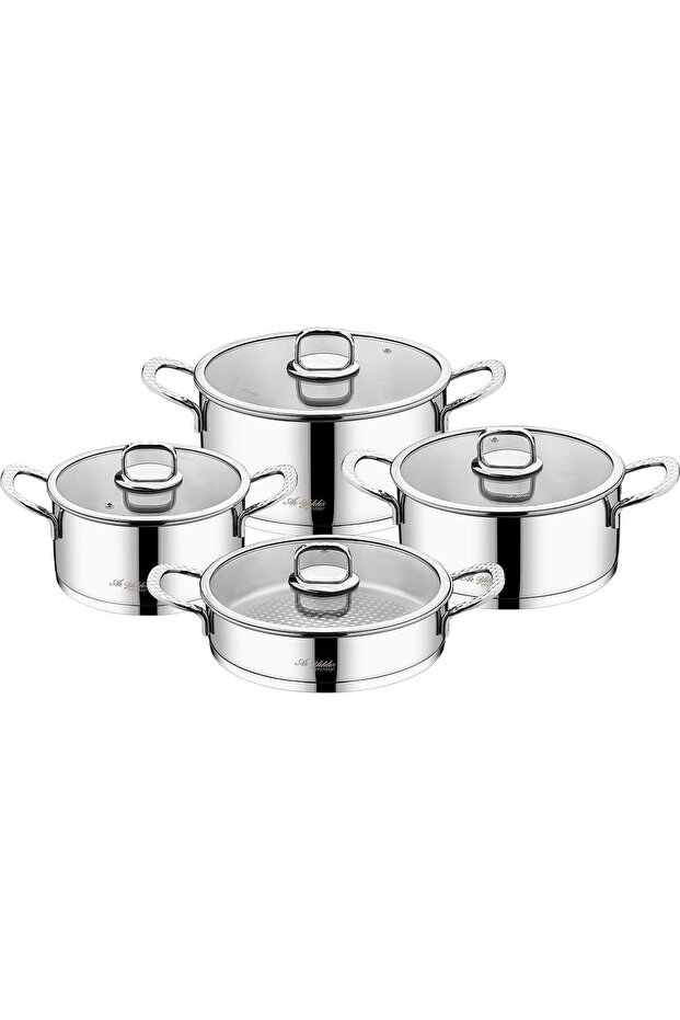 Crystal Glass 4-Piece Cooking Stainless Steel Pot Set with Glass Lid (5.2-2.5 Lt Range)