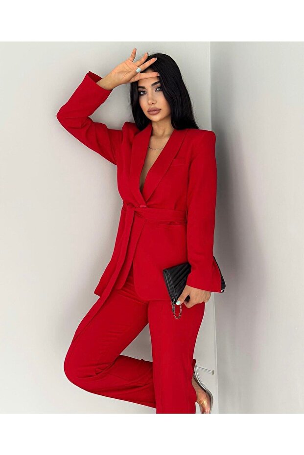 Women's Belted Jacket and Trousers Set Red