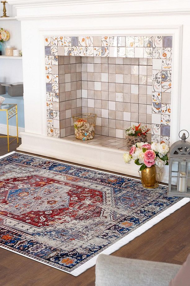 Kaymaz Taban Dijital Halı Eskitme Temalı Salon Koridor Mutfak Halısı Bordo Mavi 180x290 - 5