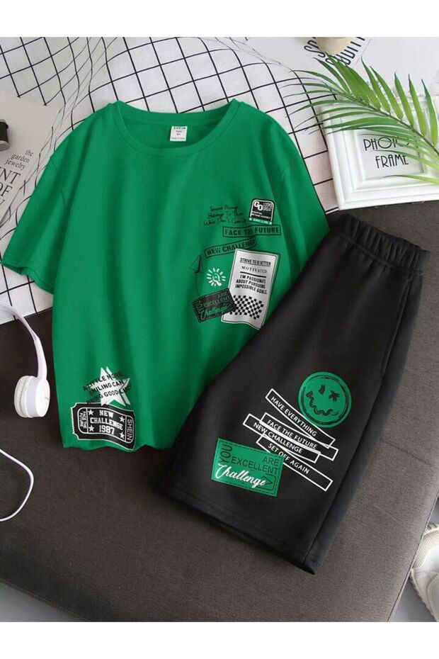 Children's Challange Printed Top and Bottom Set Cotton Shorts T-Shirt Set