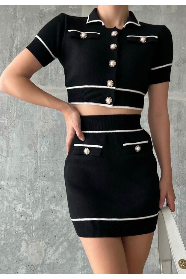Women's Black Polo Neck Pearl Buttoned Mini Skirt Crop Double Suit