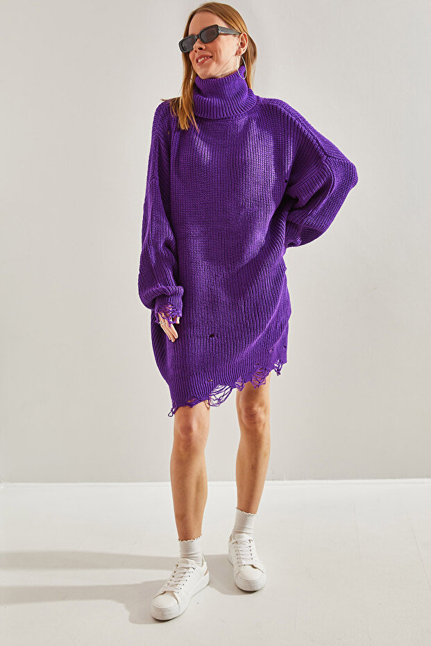 Women's Plum Ripped Patterned Turtleneck Knitwear Sweater Stk159