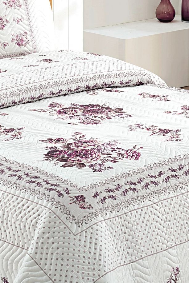 Flower Lila Çift Kişilik Kapitone Yatak Örtüsü - 5