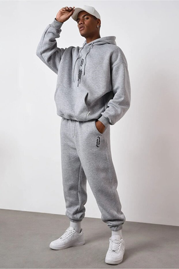 Men's Gray Vertical Text Printed Oversize Sweatshirt Set