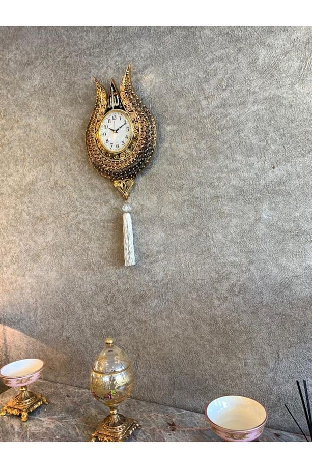 Dekoratif Polyester Esmaül Hüsna Taşlı Altın Lale Duvar Saati - 3